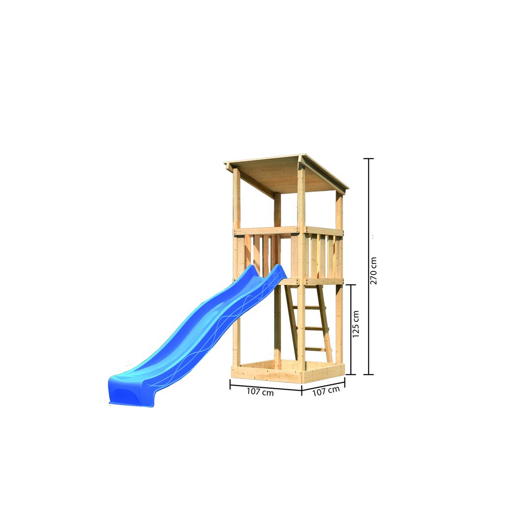 Kinderspielturm aus Holz mit blauer Rutsche