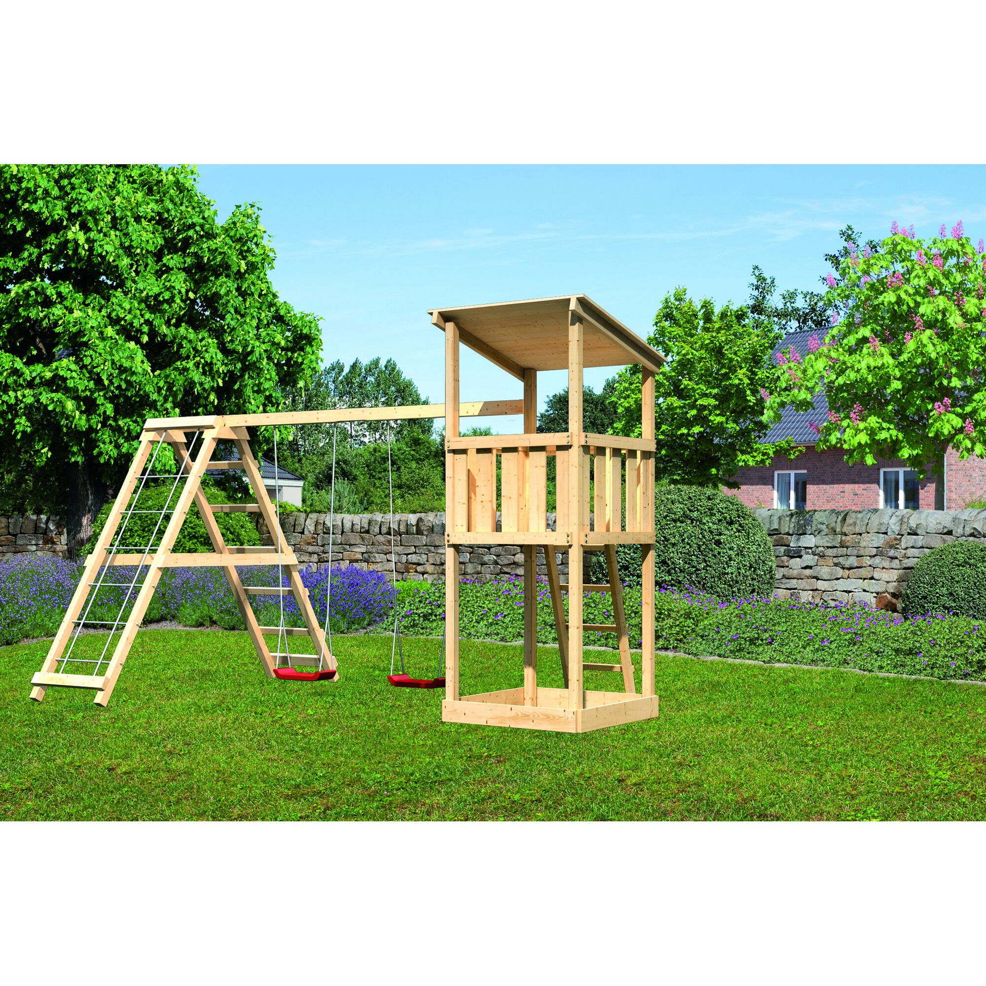 Holzschaukel mit zwei Schaukeln und kleinem Spielturm