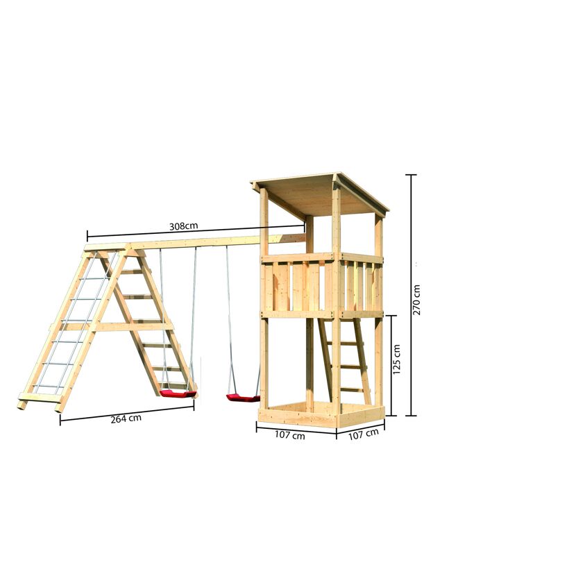 Spielturm aus Holz mit zwei Schaukeln und Leiter