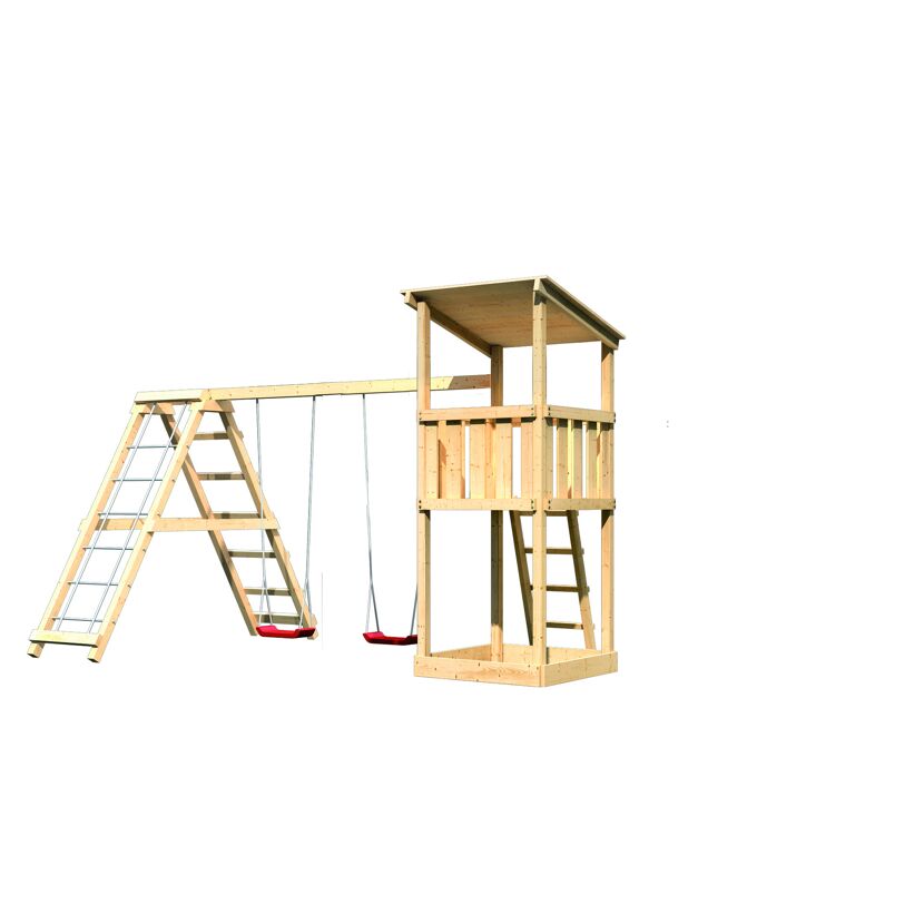 Spielturm aus Holz mit zwei Schaukeln und Leiter