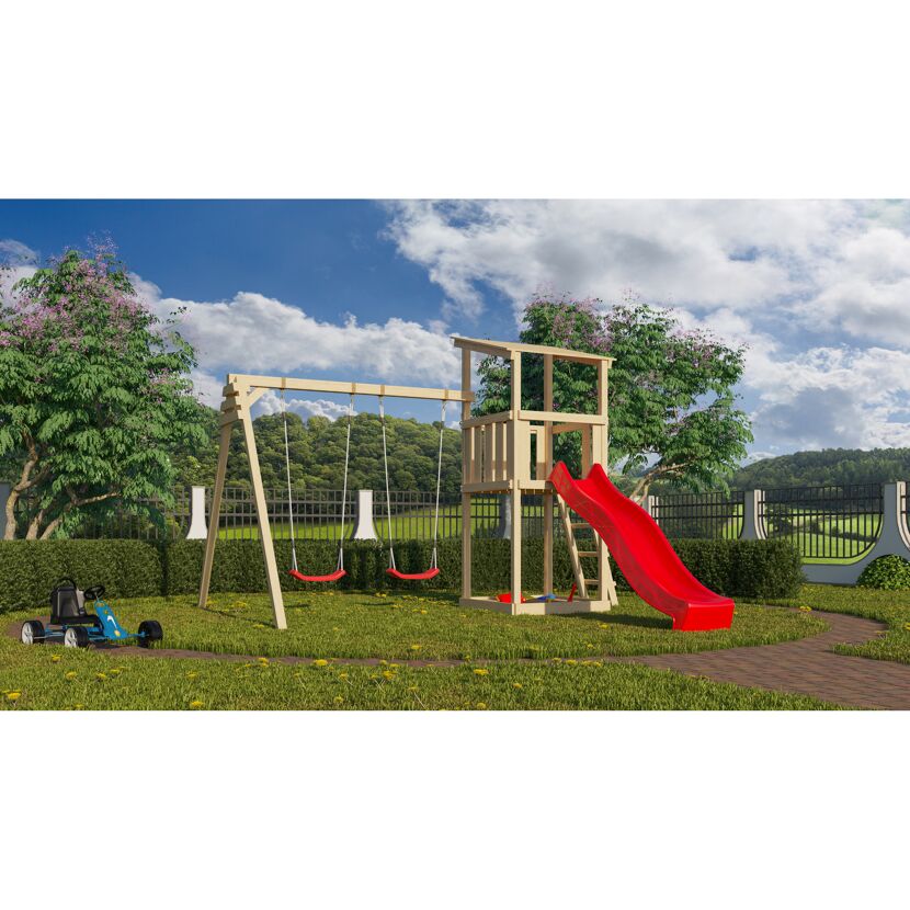 Kinderspielplatz mit Schaukel, Rutsche und Spielzeugauto