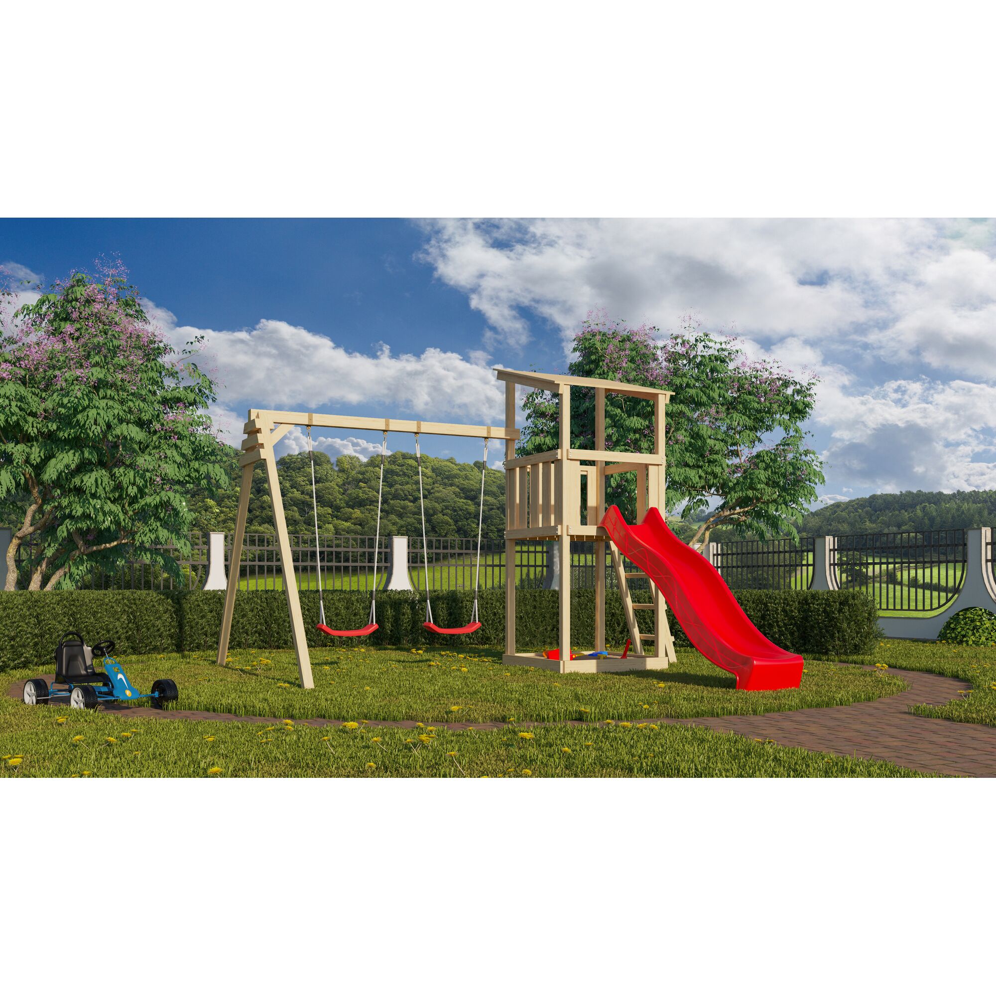 Kinderspielplatz mit Schaukel, Rutsche und Spielzeugauto
