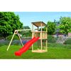 Holzschaukel mit roter Rutsche und kleinem Spielturm