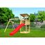 Holzschaukel mit roter Rutsche und kleinem Spielturm