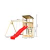 Kinderspielgerät aus Holz mit Rutsche und Schaukel.