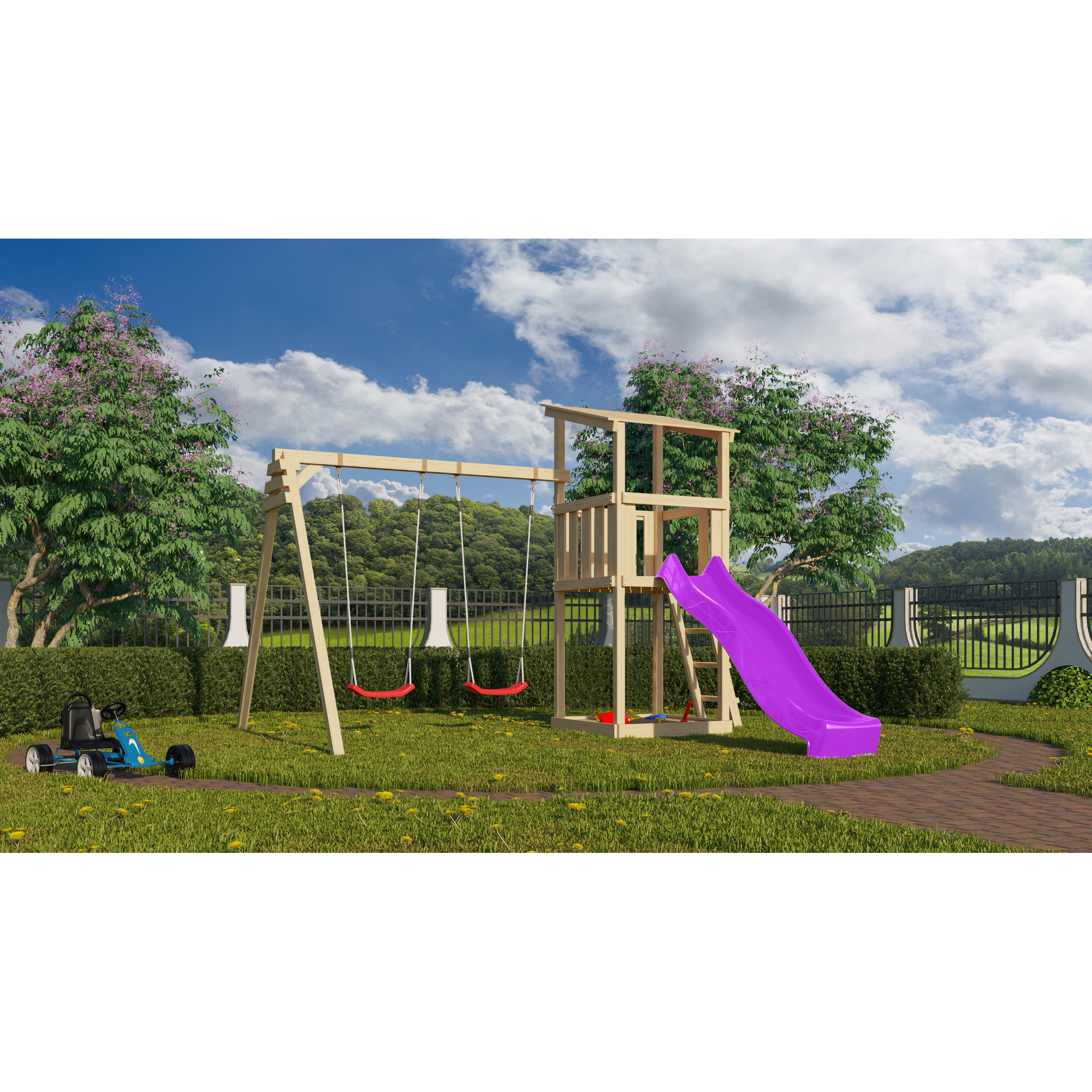 Spielturm 'Anna' Doppelschaukelanbau, Rutsche violett, 347 x 264 x 270 cm + product picture
