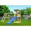 Kinderspielturm aus Holz mit blauer Rutsche und Schaukel