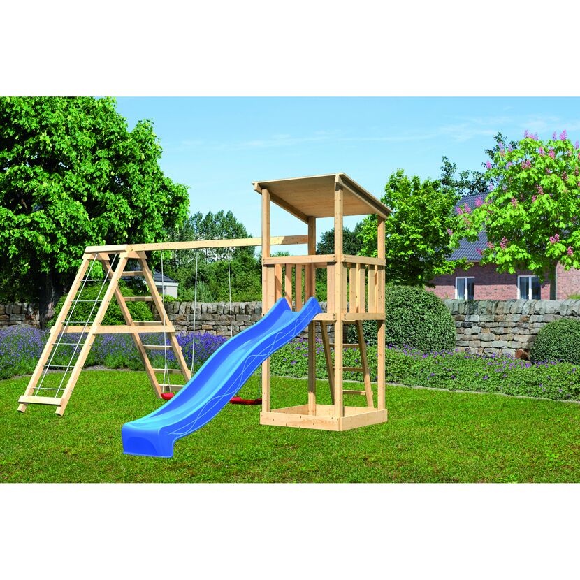 Kinderspielturm aus Holz mit blauer Rutsche und Schaukel