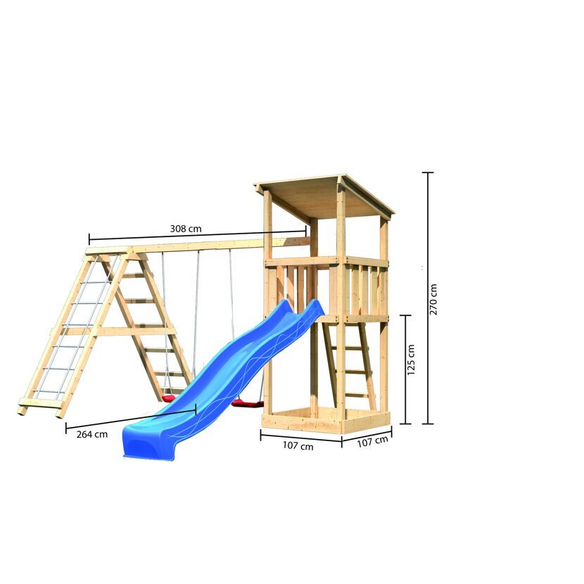 Holzspielturm mit Rutsche und Schaukel