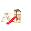 Spielturm aus Holz mit roter Rutsche, Schaukel und Leiter