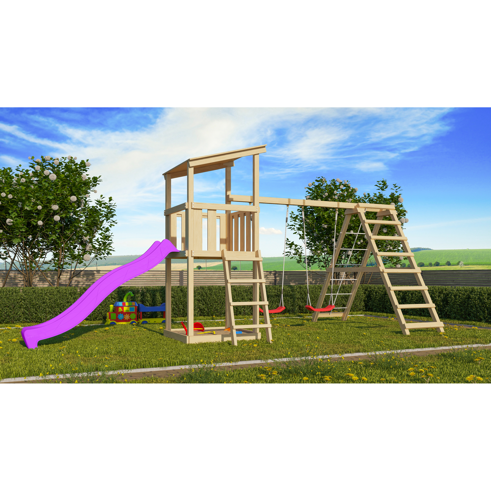 Spielturm 'Anna' Doppelschaukel, Klettergerüst, Rutsche violett, 415 x 264 x 270 cm + product picture