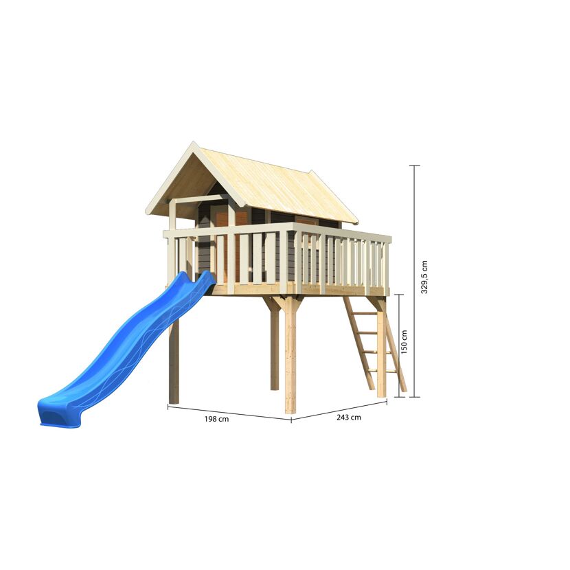 Spielhaus Fidel mit blauer Rutsche und Leiter