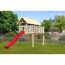 Spielturm aus Holz mit roter Rutsche im Garten