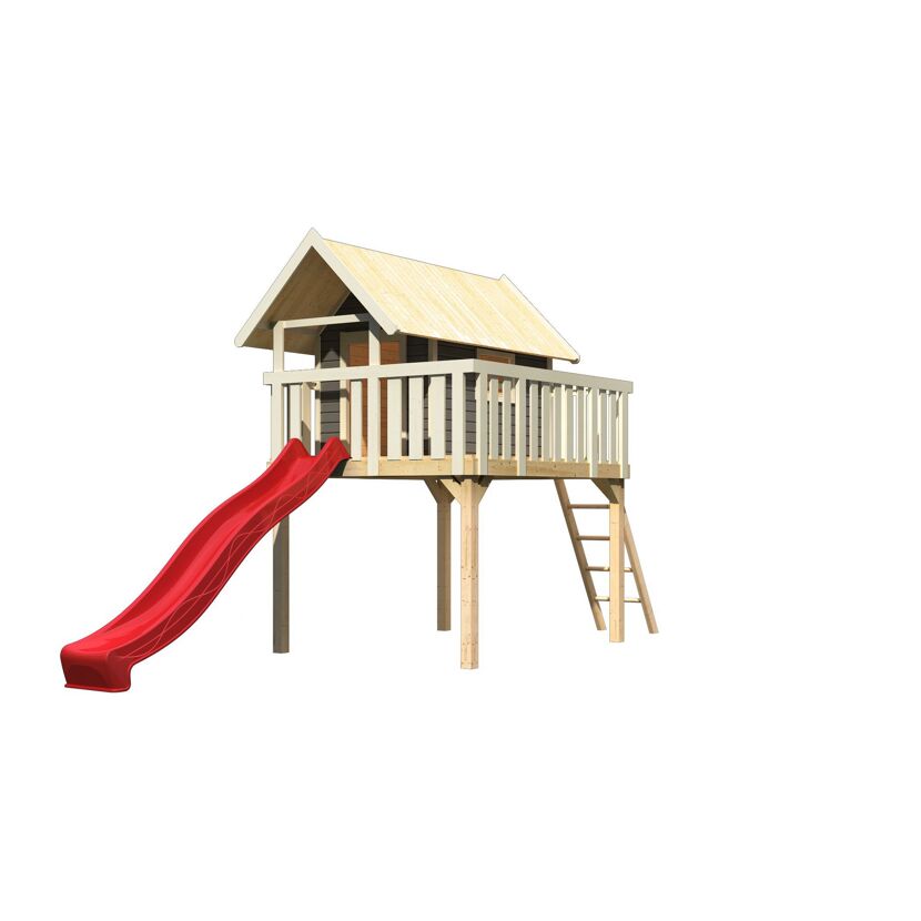 Spielhaus aus Holz mit roter Rutsche