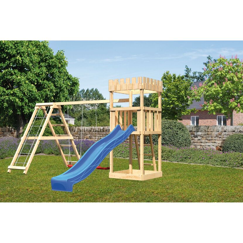 Kinderspielturm aus Holz mit blauer Rutsche und roter Schaukel.