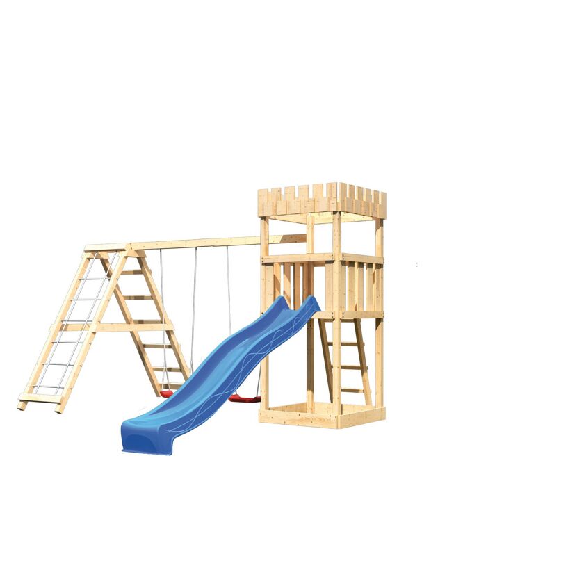 Holzschaukel mit blauer Rutsche