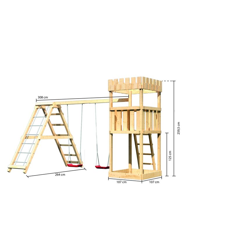 Holzschaukel mit zwei Schaukeln und Turm