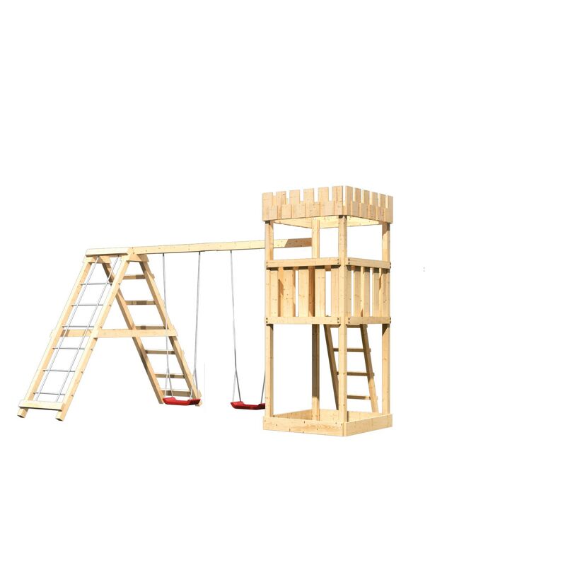Spielturm aus Holz mit zwei Schaukeln und Kletterleiter.