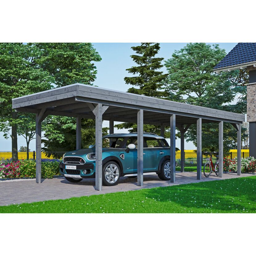Auto und Fahrrad unter einem grauen Carport.