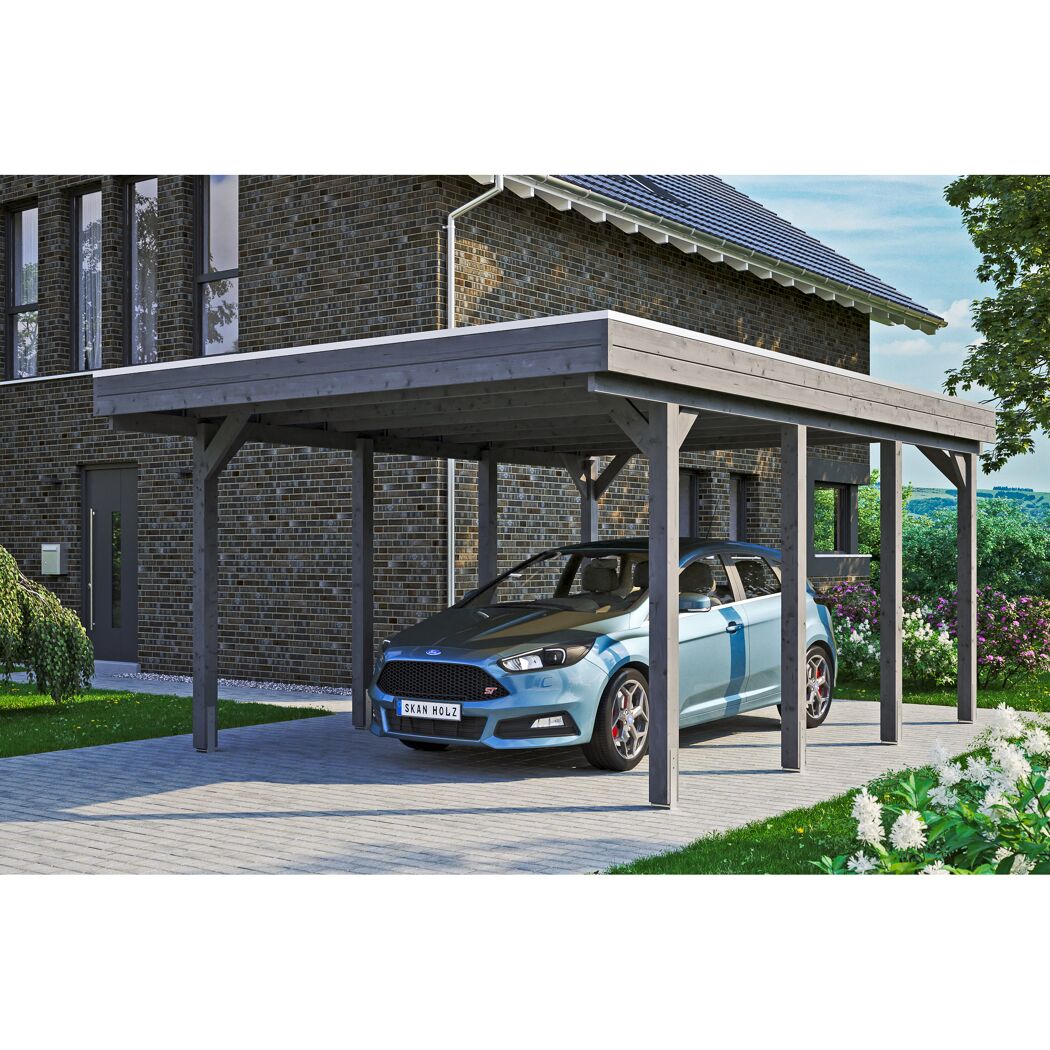 Auto unter einem grauen Carport.