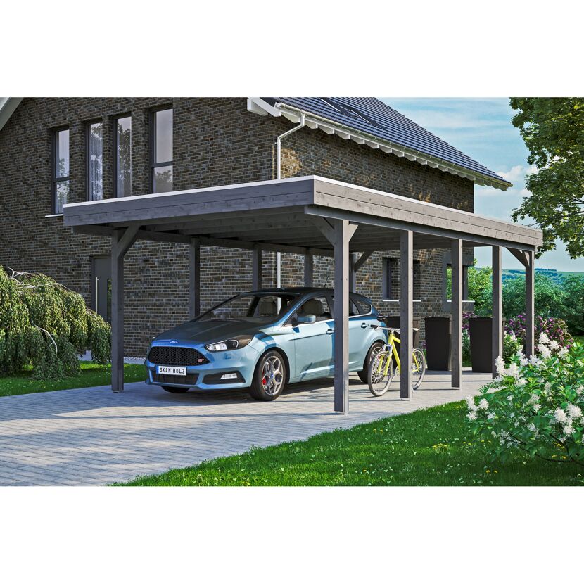 Auto und Fahrrad unter einem Carport