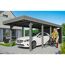 Person schiebt Fahrrad unter Carport.