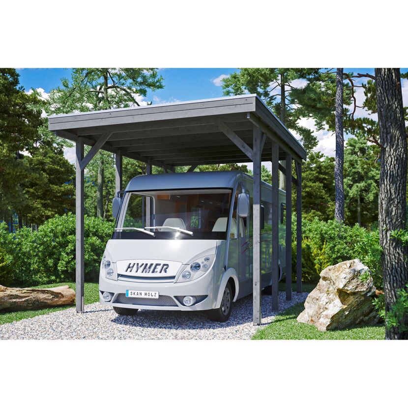 Wohnmobil unter einem grauen Carport