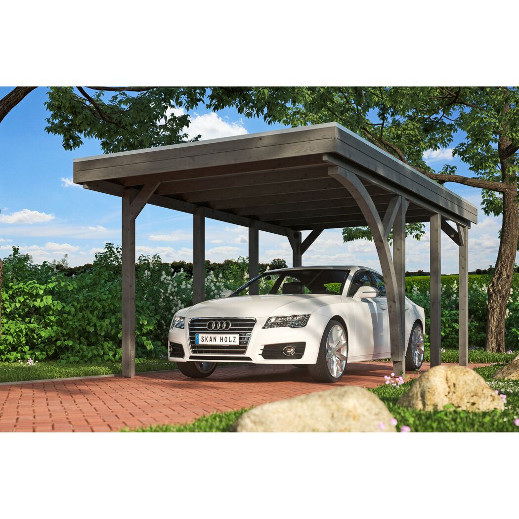 Auto unter einem grauen Carport