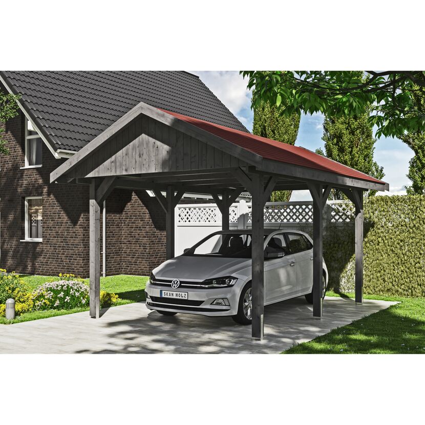Auto unter einem grauen Carport mit rotem Dach