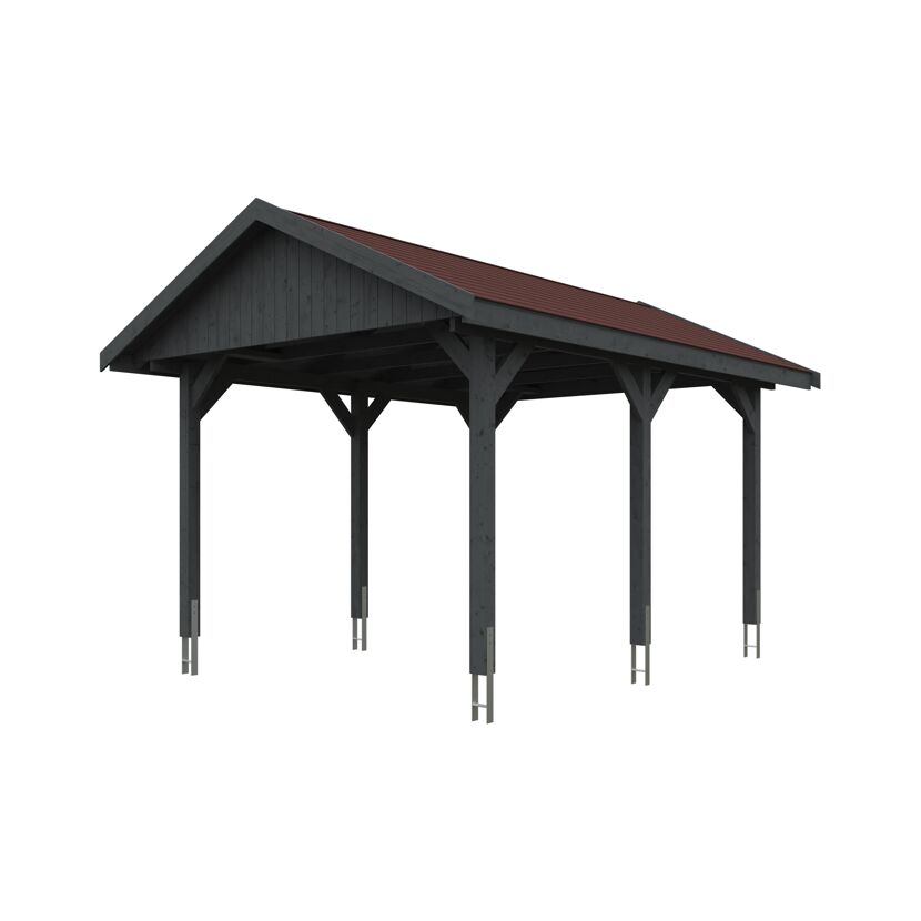 Grauer Carport mit rotem Dach
