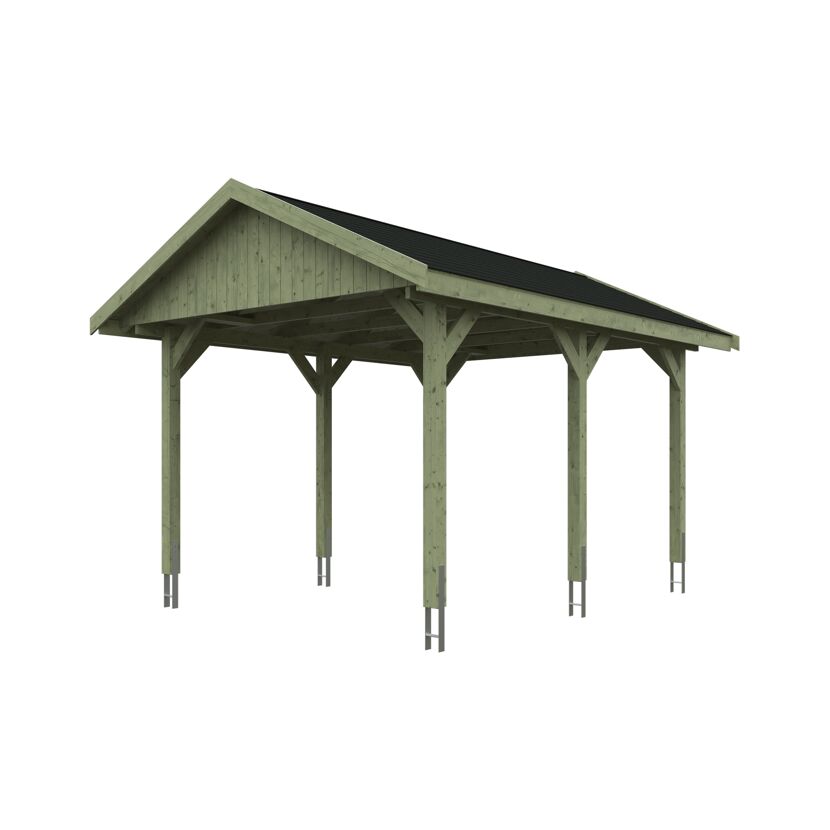 Grüner Carport mit schwarzem Dach