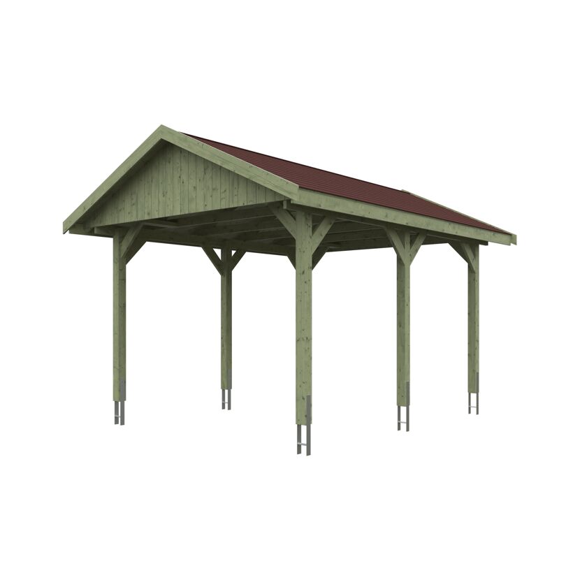 Grüner Carport mit rotem Dach