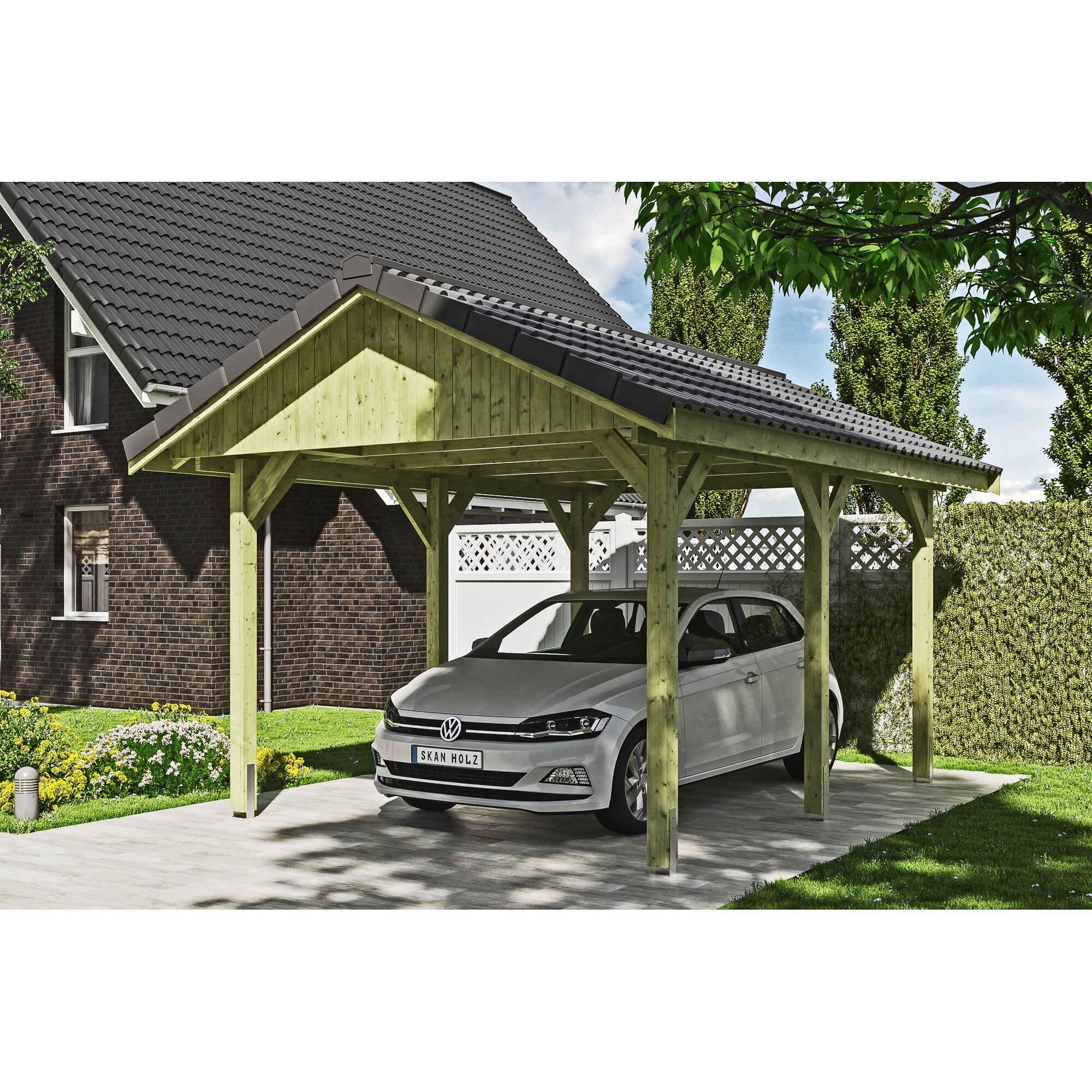 Auto steht unter einem Carport von SKAN HOLZ.