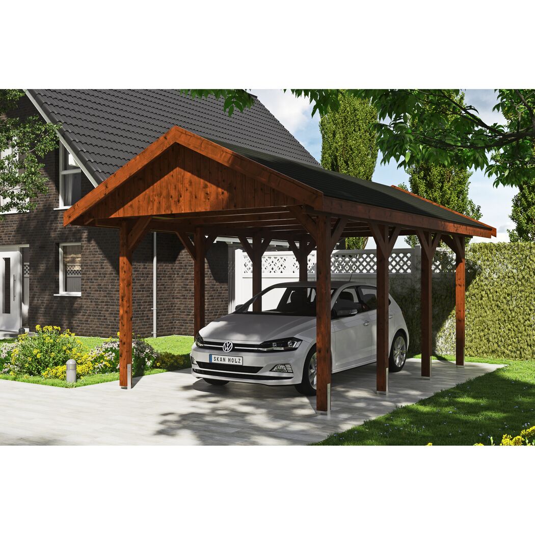Auto steht unter einem braunen Carport.