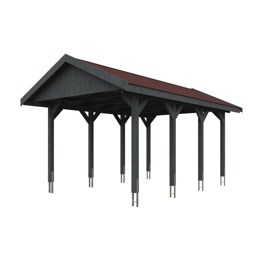 Grauer Carport mit rotem Dach