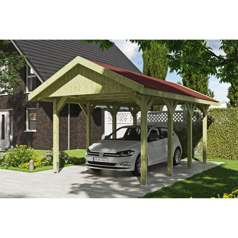 Auto unter einem Carport aus Holz.