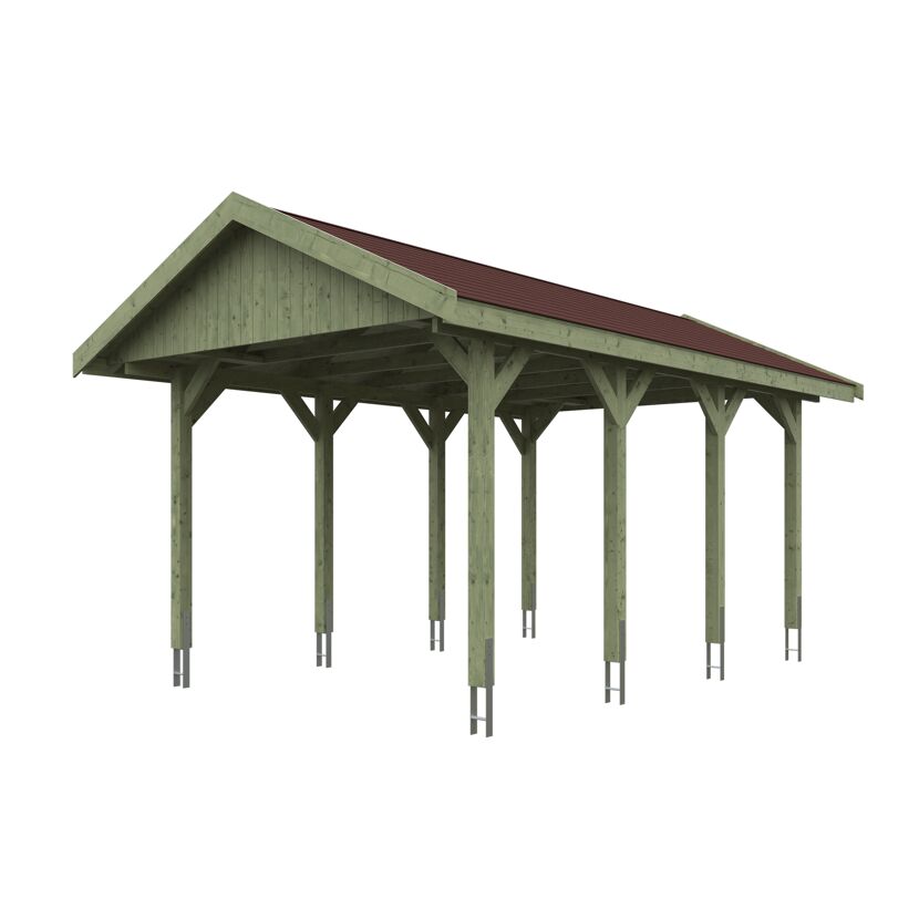 Grüner Carport mit rotem Dach