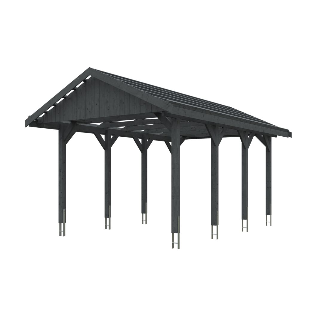 Grauer Carport mit Spitzdach.