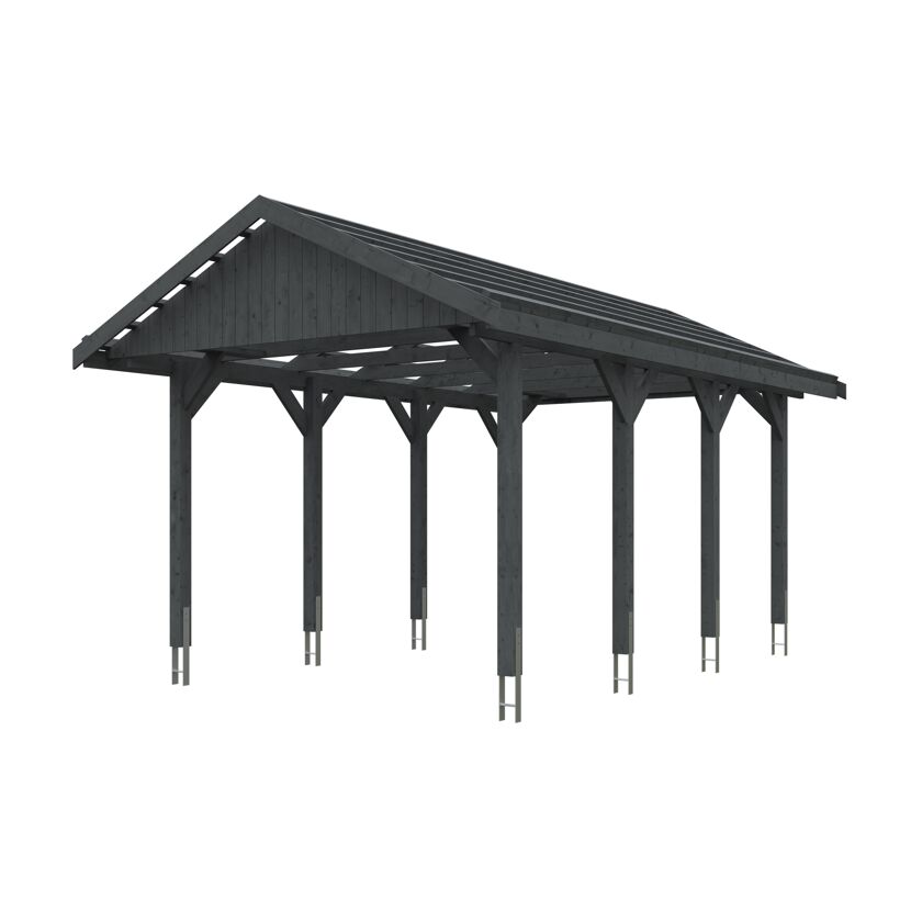 Grauer Carport mit Spitzdach.