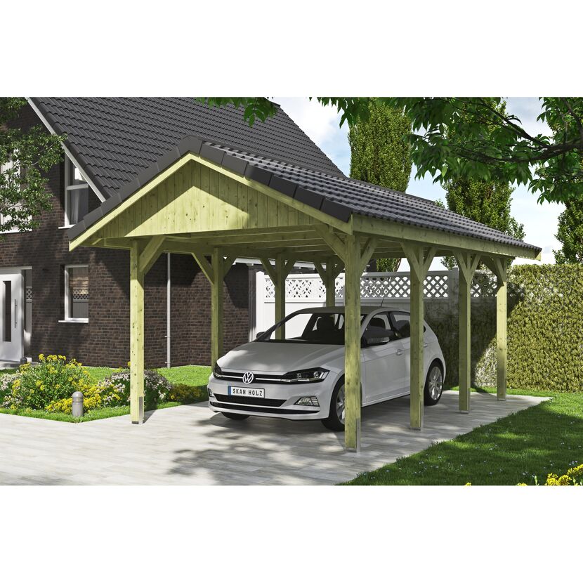 Auto steht unter einem Carport aus Holz.