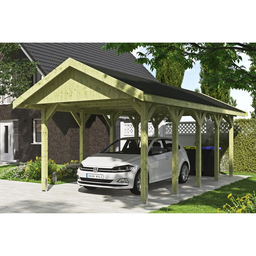 Auto steht unter einem Carport aus Holz.
