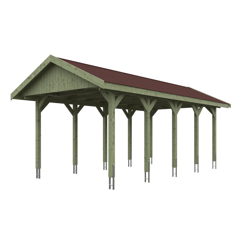 Grüner Carport mit rotem Dach