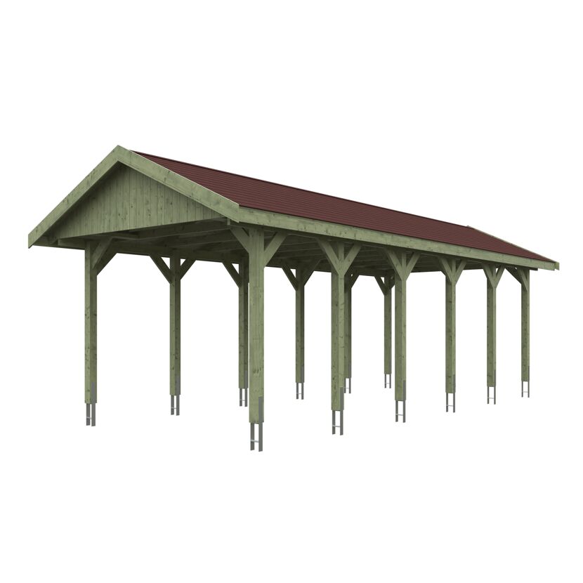 Grüner Carport mit braunem Dach