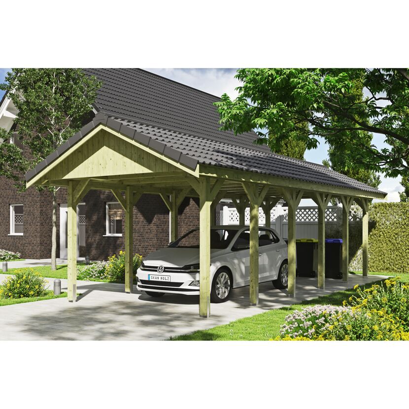 Auto steht unter einem Carport aus Holz.
