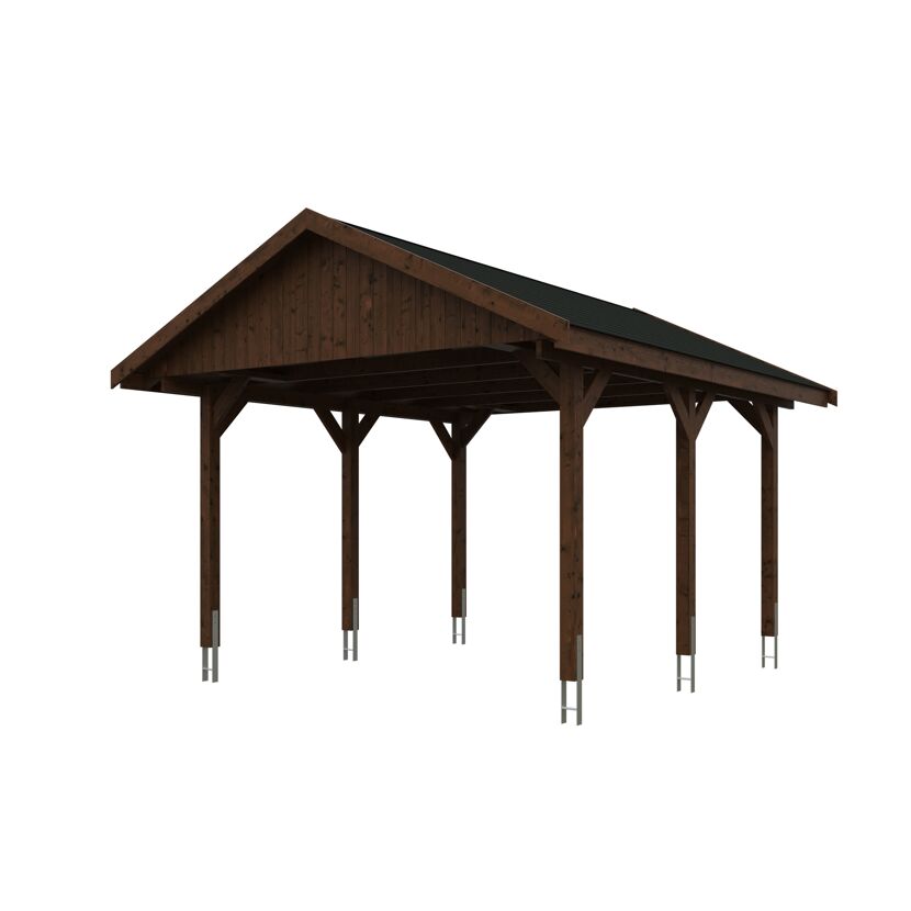 Dunkelbrauner Carport aus Holz.