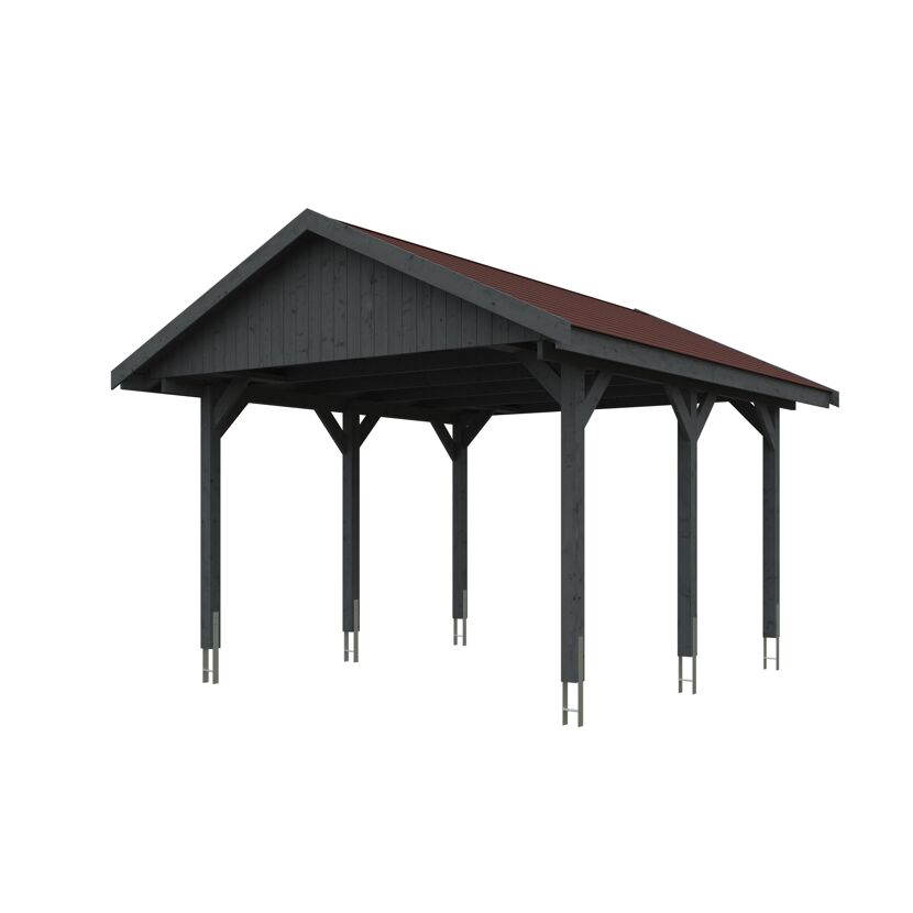 Grauer Carport mit rotem Dach