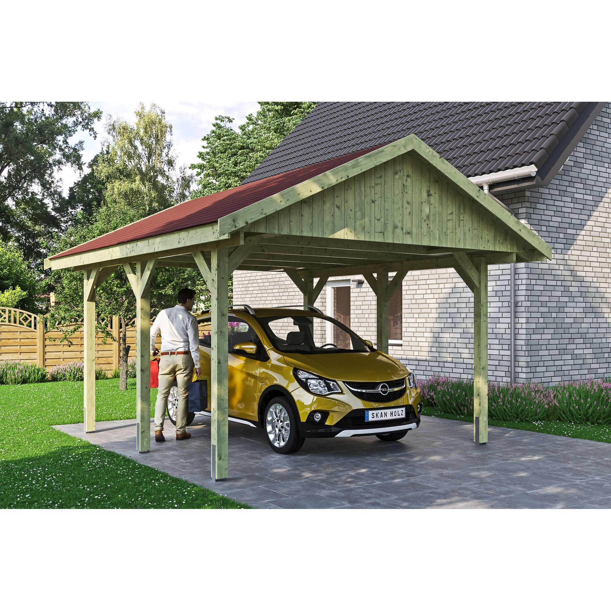 Person parkt gelbes Auto unter Carport