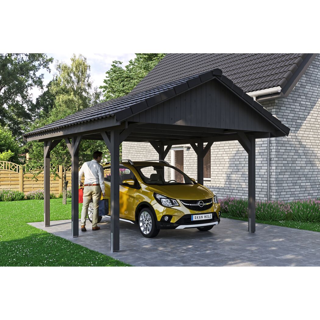 Schwarzer Carport mit einem gelben Auto