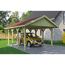 Person parkt gelbes Auto unter Carport.