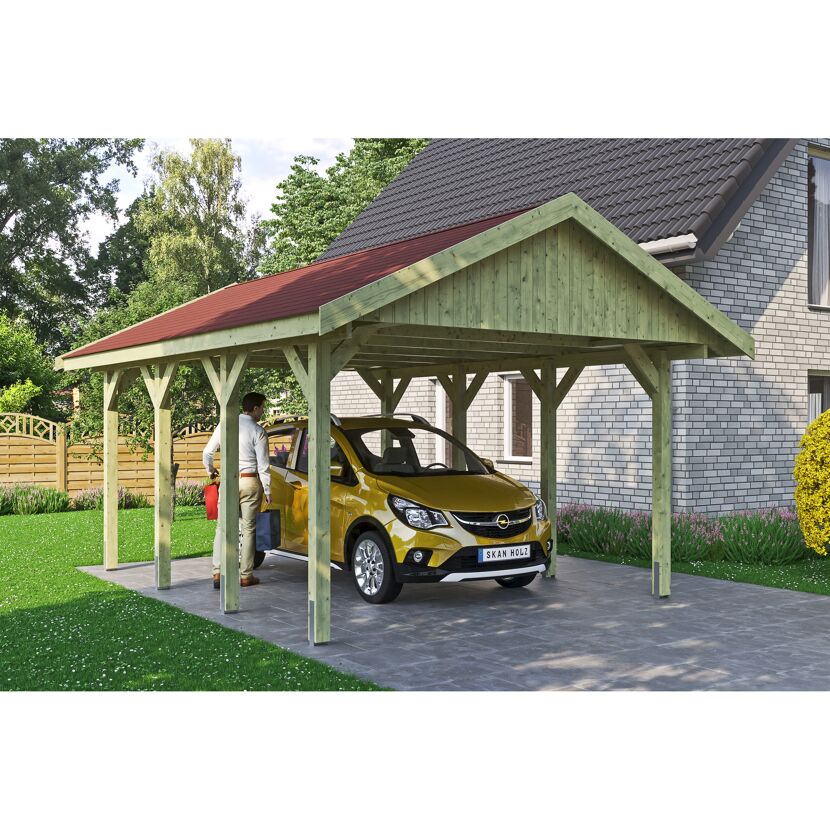 Person parkt gelbes Auto unter Carport.
